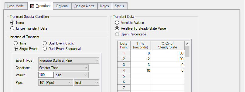 The Transient tab of the Valve Properties window. Single Event is chosen as the Initiation of Transient.